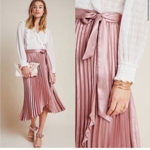 Maeve Anthropologie Paulina faux wrap pink metallic pleated skirt